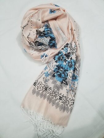 Cashmere Floral Scarf with Tassels - Orange