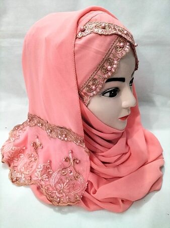Embroidered Ready to Wear Hijab - Coral Peach Embroidered Ready to Wear Hijab - Coral Peach