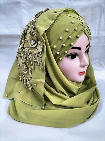 Pearl Floral Ready to Wear with Fancy Bunch - Olive Green Pearl Floral Ready to Wear with Fancy Bunch - Olive Green