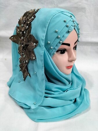 Pearl Ready to Wear with Flower Bunch - Sky Blue Pearl Ready to Wear with Flower Bunch - Sky Blue