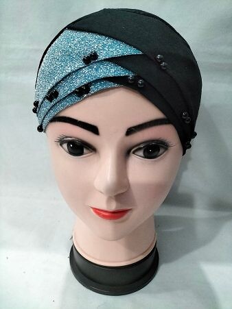 Shimmer Criss Cross Tie Back Bonnet with Pearls - Sky Blue Shimmer Criss Cross Tie Back Bonnet with Pearls - Sky Blue