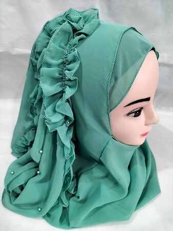 Two Loops Chiffon Instant Hijab with Frill - Green