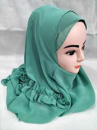Two Loops Chiffon Instant Hijab with Frill - Green