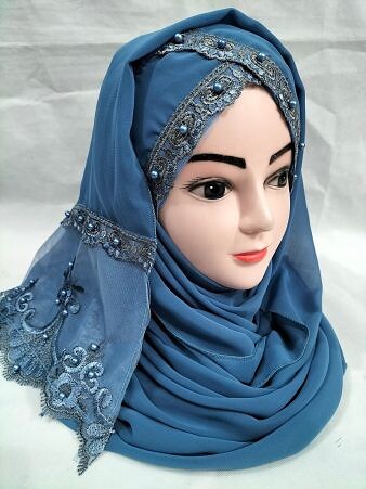 Embroidered Ready to Wear Hijab - Denim