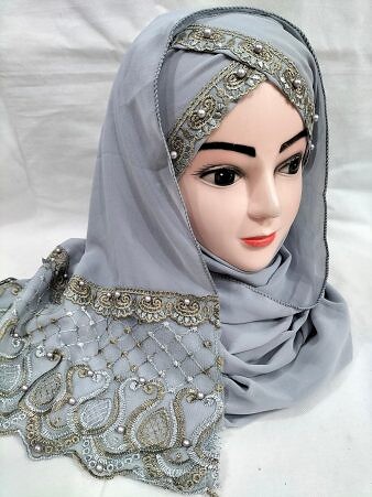 Embroidered Ready to Wear Hijab - Grey