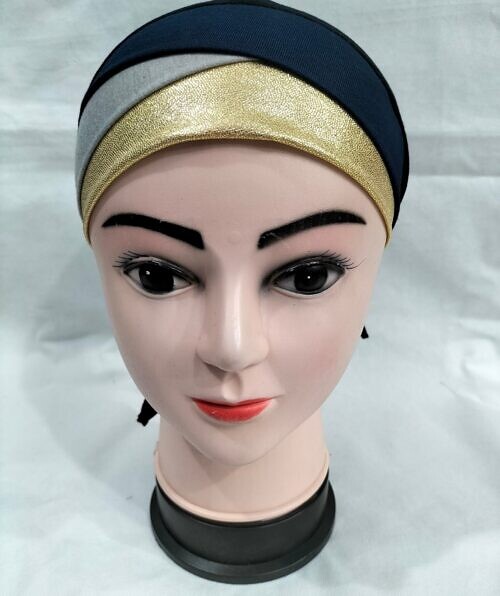 golden fancy tie back bonnet navy blue and grey