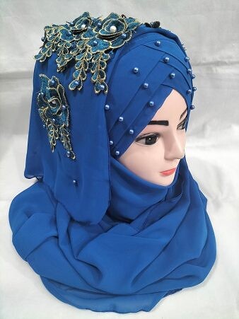 Pearl Floral Ready to Wear with Fancy Bunch - Cobalt Blue Pearl Floral Ready to Wear with Fancy Bunch - Cobalt Blue