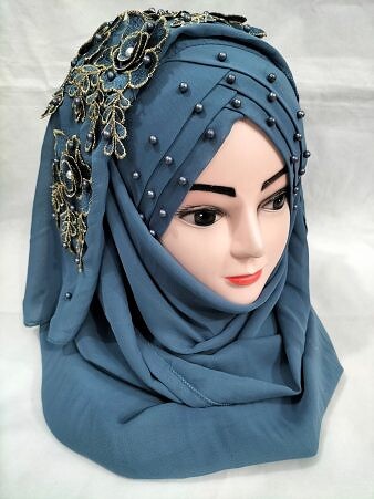 Pearl Floral Ready to Wear with Fancy Bunch - Dirty Teal Pearl Floral Ready to Wear with Fancy Bunch - Dirty Teal