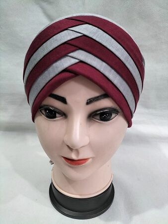 Criss Cross Multi Color Tie Back Bonnet – Grey and Maroon