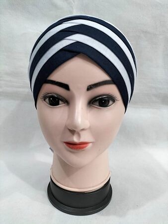 Criss Cross Multi Color Tie Back Bonnet – White and Navy Blue Criss Cross Multi Color Tie Back Bonnet – White and Navy Blue