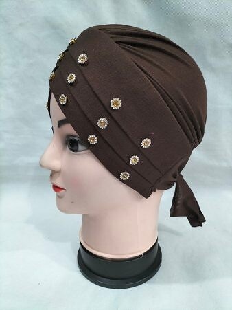Criss Cross Tie Back Bonnet with Stones - Chocolate Brown Criss Cross Tie Back Bonnet with Stones - Chocolate Brown