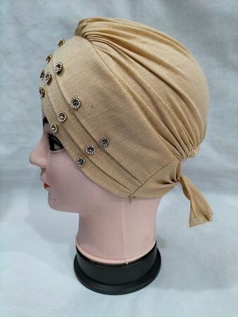 Criss Cross Tie Back Bonnet with Stones - Fawn