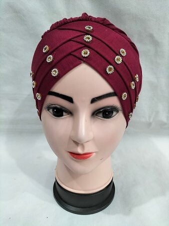 Criss Cross Tie Back Bonnet with Stones - Maroon Criss Cross Tie Back Bonnet with Stones - Maroon
