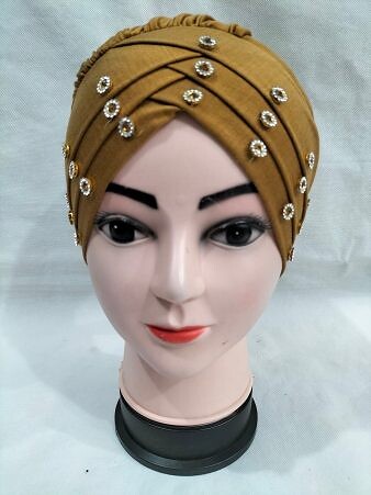 Criss Cross Tie Back Bonnet with Stones - Mustard