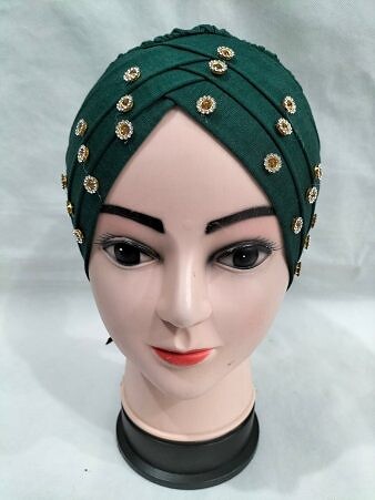 Criss Cross Tie Back Bonnet with Stones - Sea Green