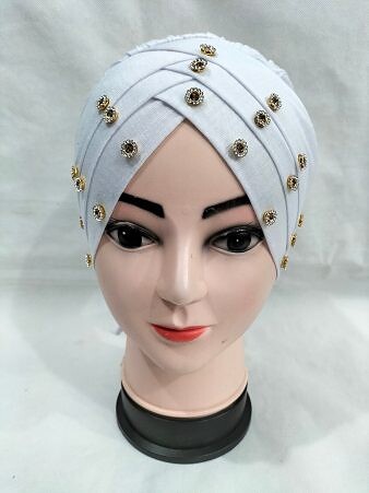Criss Cross Tie Back Bonnet with Stones - White Criss Cross Tie Back Bonnet with Stones - White