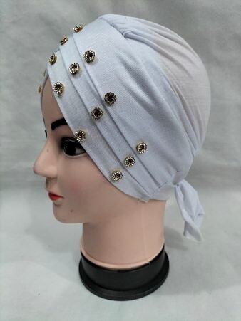 Criss Cross Tie Back Bonnet with Stones - White Criss Cross Tie Back Bonnet with Stones - White