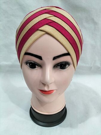 Criss Cross Multi Color Tie Back Bonnet – Deep Pink and Fawn