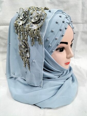 Pearl Floral Ready to Wear with Fancy Bunch - Baby Blue Pearl Floral Ready to Wear with Fancy Bunch - Baby Blue