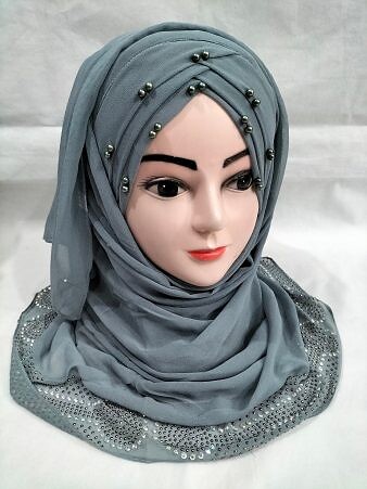 Pearls Criss Cross Ready To Wear with Stone Border - Grey Pearls Criss Cross Ready To Wear with Stone Border - Grey