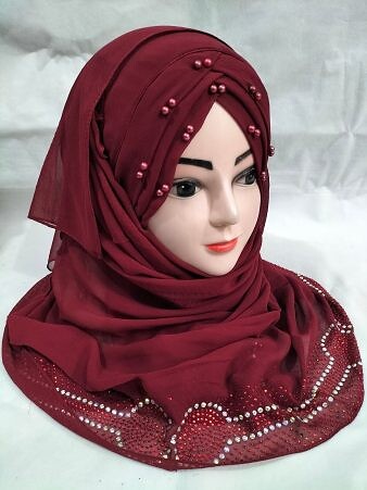 Pearls Criss Cross Ready To Wear with Stone Border - Maroon Pearls Criss Cross Ready To Wear with Stone Border - Maroon