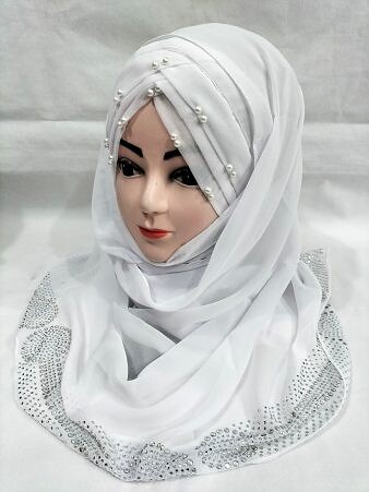 Pearls Criss Cross Ready To Wear with Stone Border - White