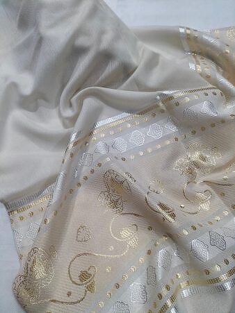 Banarsi Style Lawn Scarf - Cream