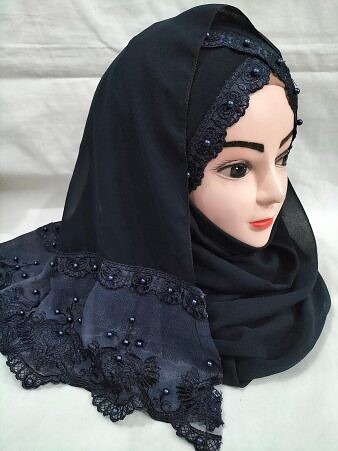 Embroidered Ready to Wear Hijab - Navy Blue