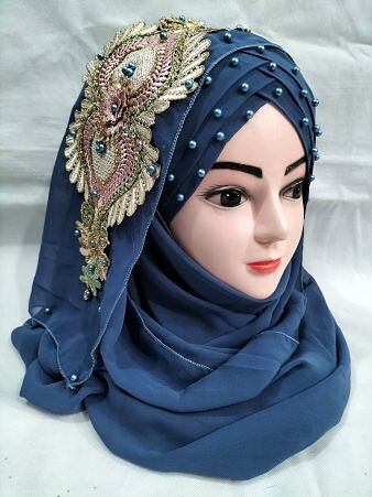 Bridal Pearl Ready to Wear with Bunch - Denim Blue