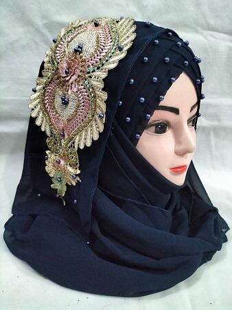 Bridal Pearl Ready to Wear with Bunch - Navy Blue