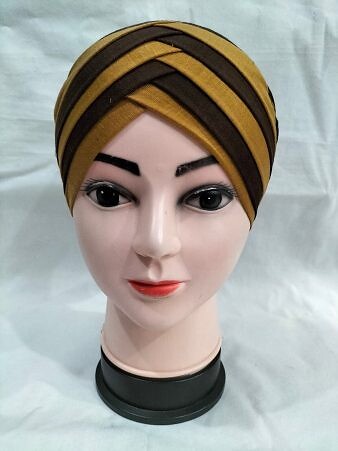 Criss Cross Multi Color Tie Back Bonnet – Brown and Mustard Criss Cross Multi Color Tie Back Bonnet – Brown and Mustard