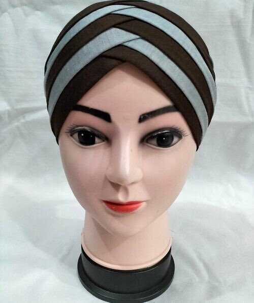criss cross multi color tie back bonnet grey and brown