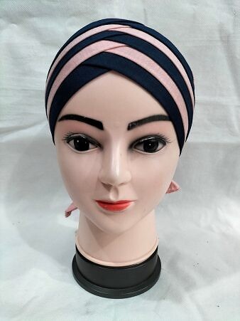 Criss Cross Multi Color Tie Back Bonnet – Navy Blue and Tea Pink Criss Cross Multi Color Tie Back Bonnet – Navy Blue and Tea Pink