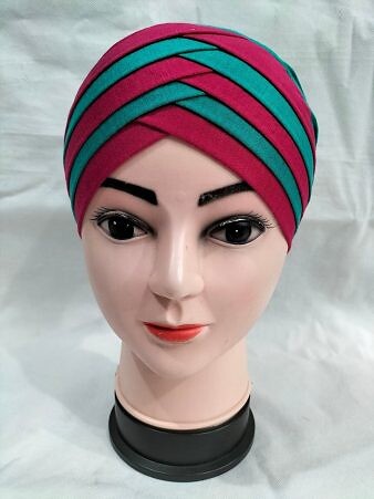 Criss Cross Multi Color Tie Back Bonnet – Deep Pink and Sea Green