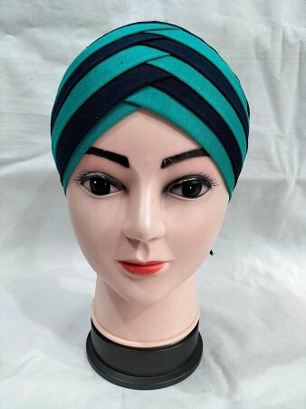 Criss Cross Multi Color Tie Back Bonnet – Sea Green and Navy Blue