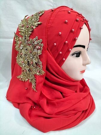 Pearl Ready to Wear with Golden Bunch - Coral Red