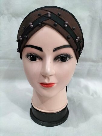 Criss Cross Tie Back Bonnet with Pearls - Dark Brown