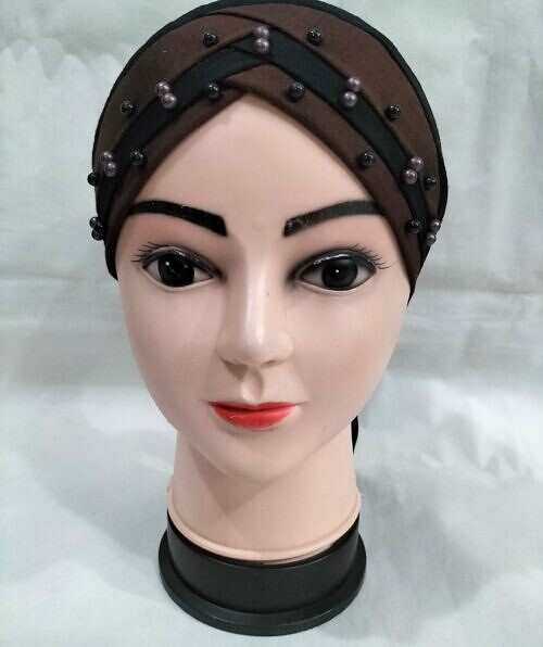criss cross tie back bonnet with pearls dark brown