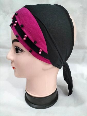 Criss Cross Tie Back Bonnet with Pearls - Deep Pink Criss Cross Tie Back Bonnet with Pearls - Deep Pink