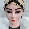 criss cross tie back bonnet with pearls fawn