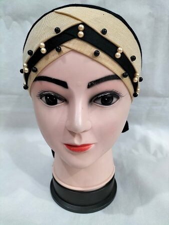 Criss Cross Tie Back Bonnet with Pearls - Fawn