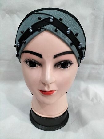 Criss Cross Tie Back Bonnet with Pearls - Grey