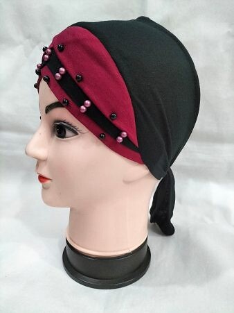 Criss Cross Tie Back Bonnet with Pearls - Maroon