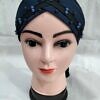 criss cross tie back bonnet with pearls navy blue