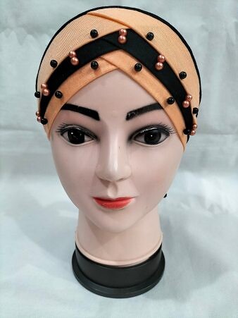 Criss Cross Tie Back Bonnet with Pearls - Peach