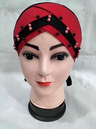 Criss Cross Tie Back Bonnet with Pearls - Red