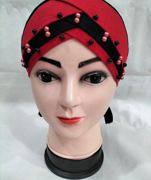 criss cross tie back bonnet with pearls red