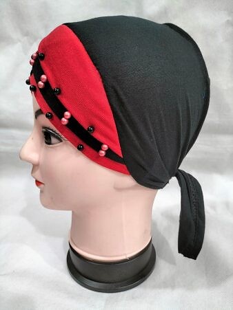 Criss Cross Tie Back Bonnet with Pearls - Red