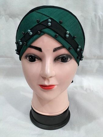 Criss Cross Tie Back Bonnet with Pearls - Sea Green Criss Cross Tie Back Bonnet with Pearls - Sea Green