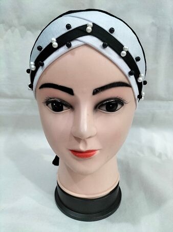 Criss Cross Tie Back Bonnet with Pearls - White Criss Cross Tie Back Bonnet with Pearls - White